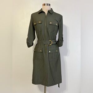 Sharagano Olive Utility Jacket Dress with Gold-Tone Hardware